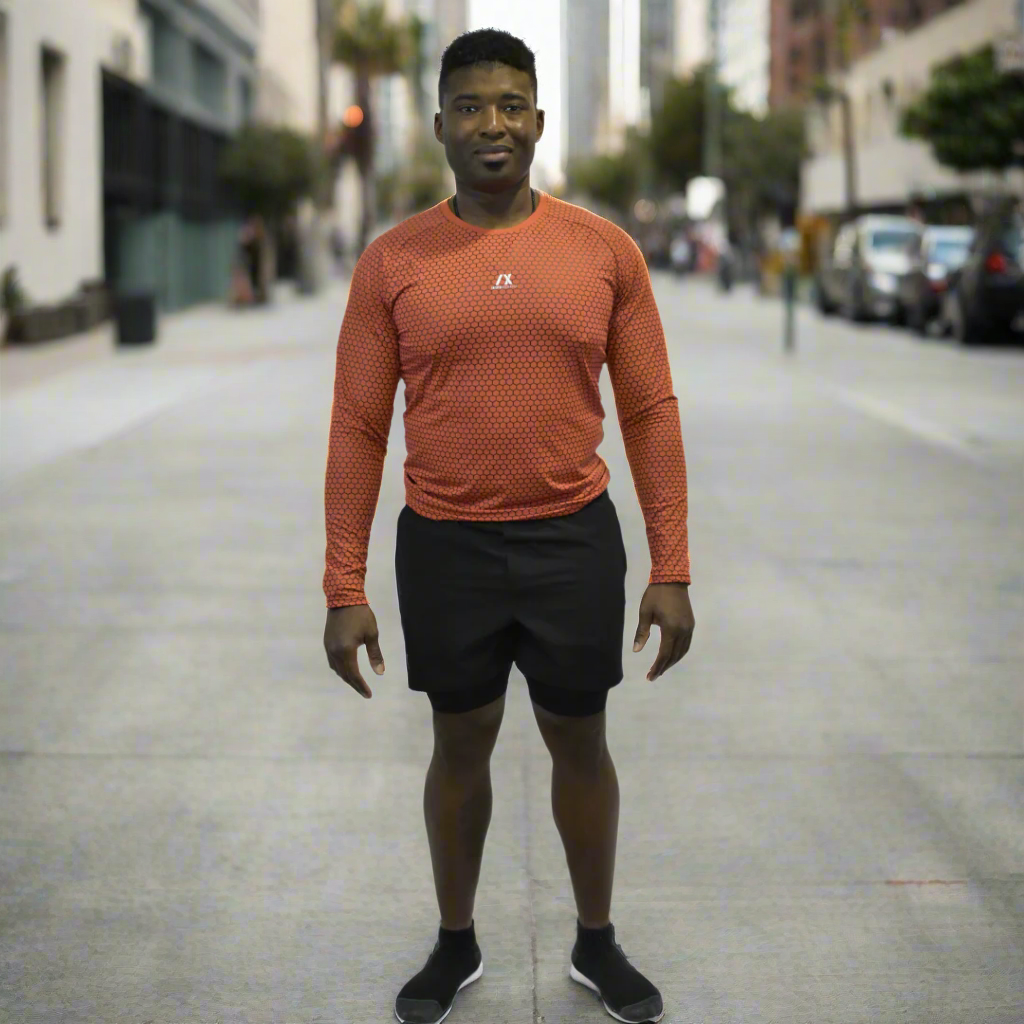 Bright orange ribbed dry fit long sleeve, with black ribs for the edge for the consistent.