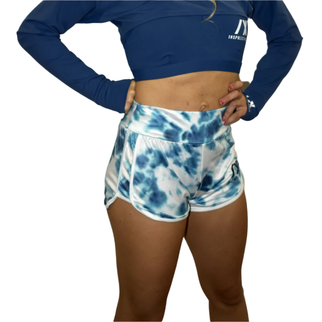 female model wearing dark teal euphoria shorts