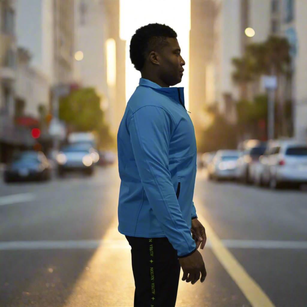 Blue water resistant trailblazer jacket with zip pockets for the go getters.