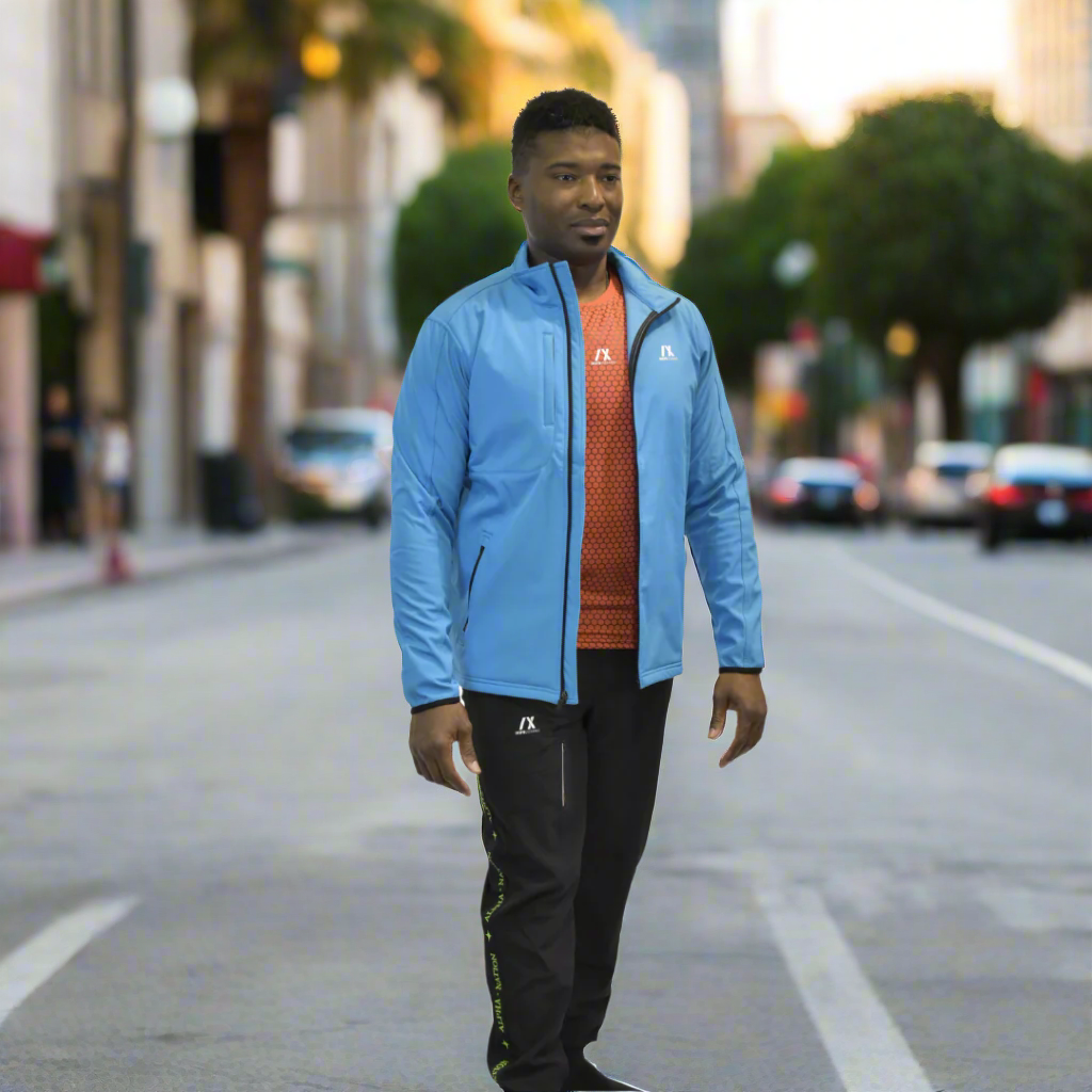 Blue water resistant trailblazer jacket with zip pockets for the go getters.