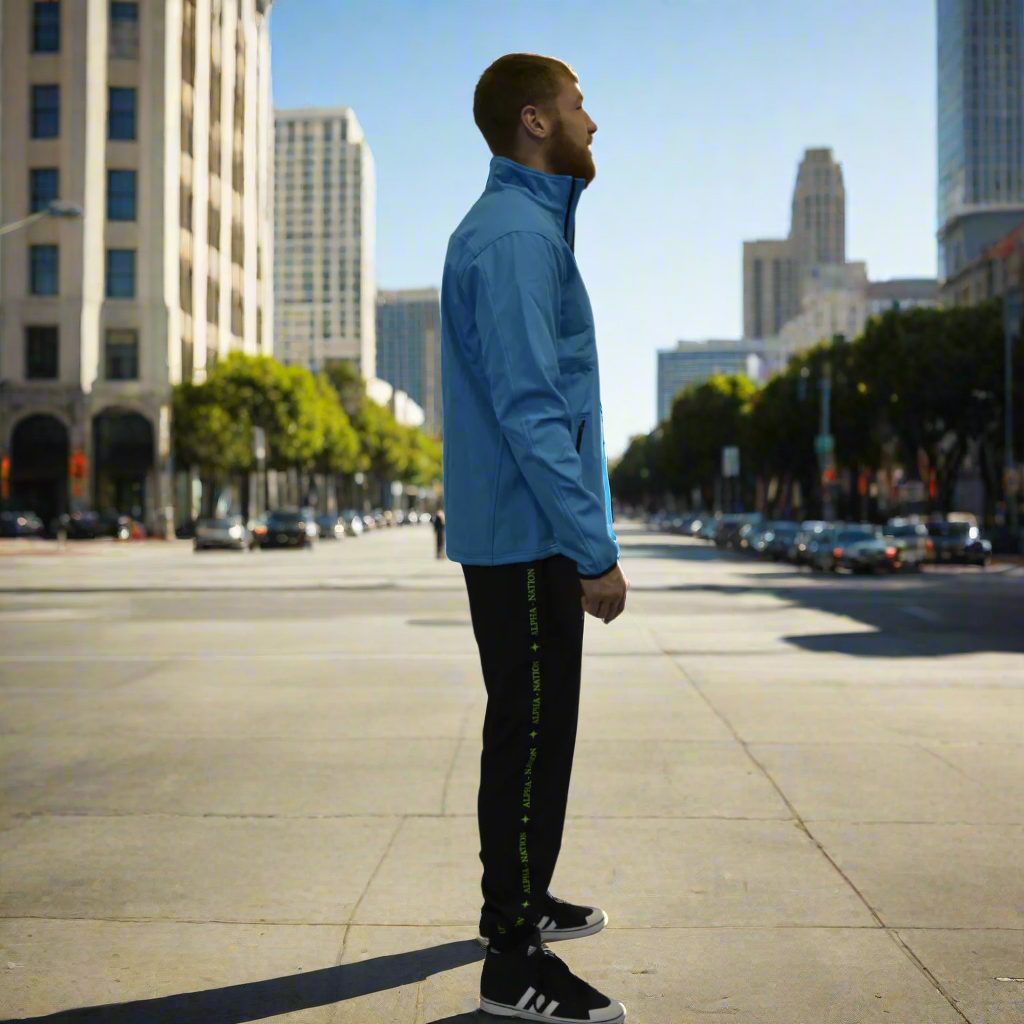 Blue water resistant trailblazer jacket with zip pockets for the go getters.