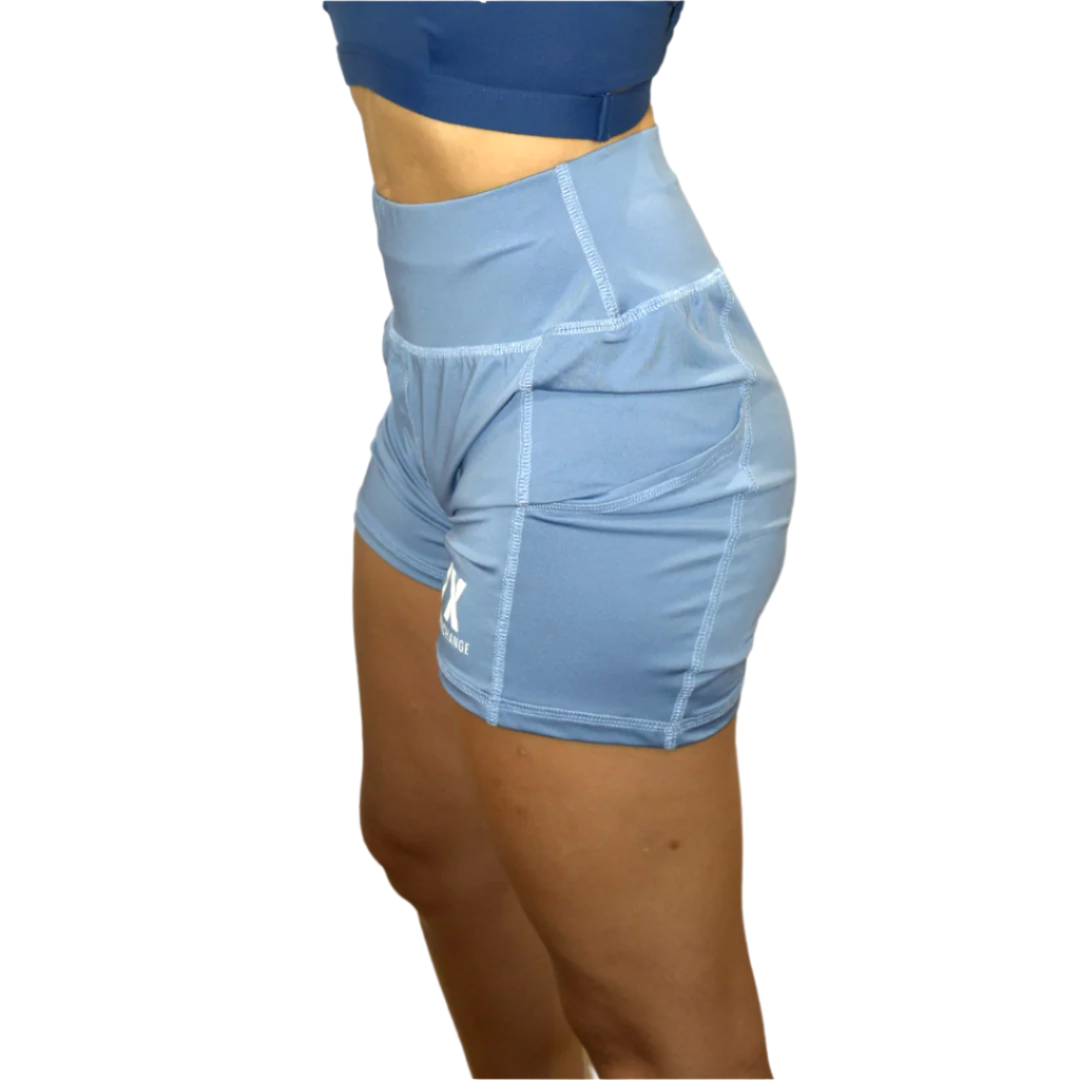 female model wearing blue katana biker shorts 
