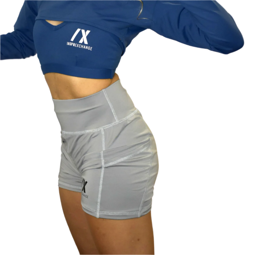 female model wearing grey katana biker shorts